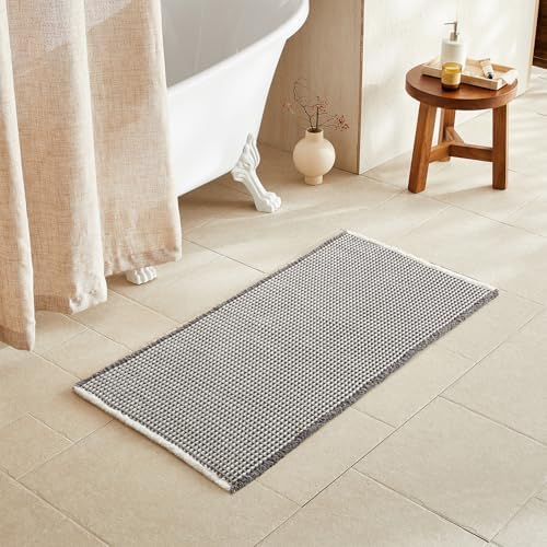 TYUU Waffle Bath Mat, Boho Bathroom Rugs Non Slip, 48x24 Grey & White