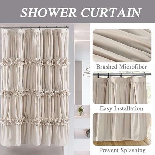 Homechoice Decor Camel Ruffle Stall Shower Curtain, Vintage Handcrafted Bow Tie Bath Curtain for Master Bathroom, Ruched Microfiber Bathroom Curtain with 8 Buttonholes, 48" W x 72" H (LQ-10)