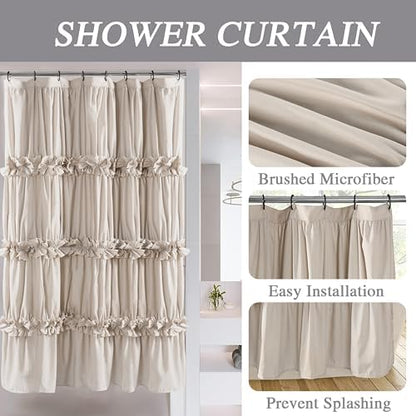 Homechoice Decor Camel Ruffle Stall Shower Curtain, Vintage Handcrafted Bow Tie Bath Curtain for Master Bathroom, Ruched Microfiber Bathroom Curtain with 8 Buttonholes, 48" W x 72" H (LQ-10)