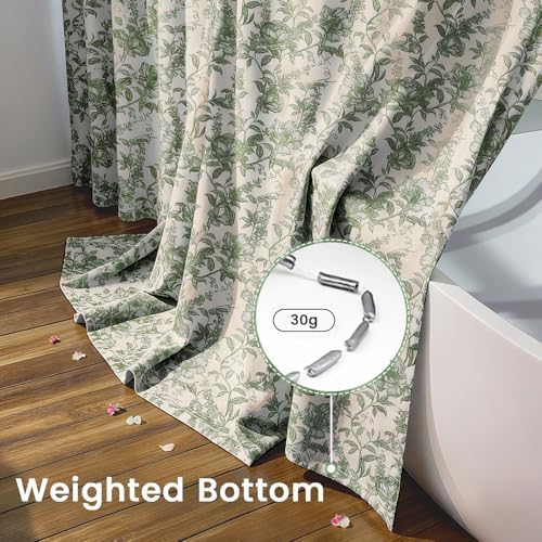 Farmhouse Sage Green Floral Shower Curtain with 12 Clear Rings 72"W x 84"L