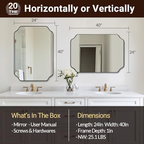 ANDY STAR Matte Black Mirror 24x40 Inch, Scalloped Mirror for Bathroom, Unique Rectangular Bathroom Mirror in Premium Stainless Steel Metal Frame 1’’ Deep, Hangs Vertically/Horizontally