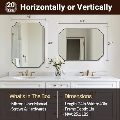 ANDY STAR Matte Black Mirror 24x40 Inch, Scalloped Mirror for Bathroom, Unique Rectangular Bathroom Mirror in Premium Stainless Steel Metal Frame 1’’ Deep, Hangs Vertically/Horizontally