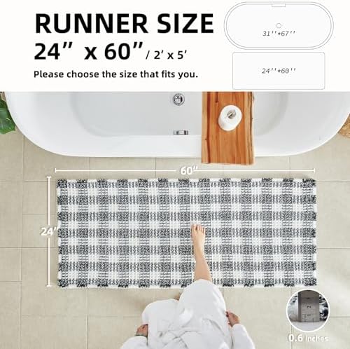 TYUU Waffle Runner Rug Bathroom, Long Boho Bath Mat, 60x24 Black & White