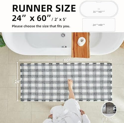 TYUU Waffle Runner Rug Bathroom, Long Boho Bath Mat, 60x24 Black & White