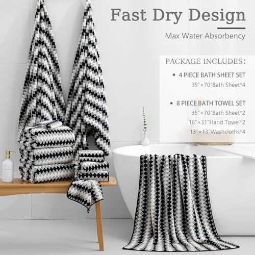 8 Piece Bathroom Towel Set Black White|2 Oversized Large Bath Towels Sheet,2 Hand Towels,4 Washcloths| 600GSM Soft Towel Set for Bathroom Hotel,Highly Absorbent Quick Dry Bath Towel Collections