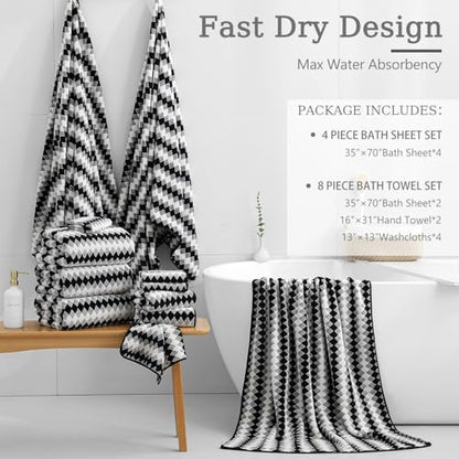 8 Piece Bathroom Towel Set Black White|2 Oversized Large Bath Towels Sheet,2 Hand Towels,4 Washcloths| 600GSM Soft Towel Set for Bathroom Hotel,Highly Absorbent Quick Dry Bath Towel Collections