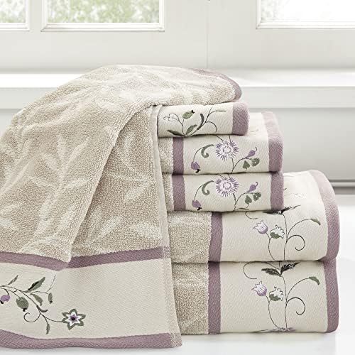 Madison Park Serene 100% Cotton Bath Towel Set Luxurious Floral Decorative Towels for Bathroom Embroidered Cotton Jacquard Design Soft Highly Absorbent for Shower 600 GSM, Multi-Sizes, Purple 6 Piece