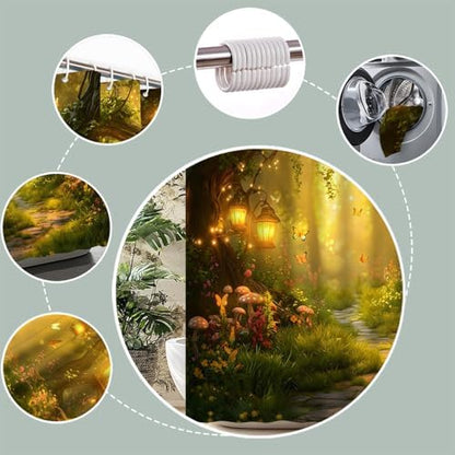 Fantasy Forest Path Shower Curtain Yellow Fairy Magical Enchanted Misty Jungle Mushroom Floral Tree Butterfly Lantern Wonderland Bath Curtain Fabric Bathroom Accessories Decor with Hooks 84W x70L