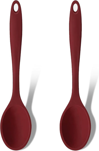 GEEKHOM Silicone Cooking Spoons, 2 Pieces 11" Heat Resistant Silicone Kitchen Utensils Set Large Serving Stirring Spoons for Non Stick Cooking, Mixing, Basting, Baking, Red