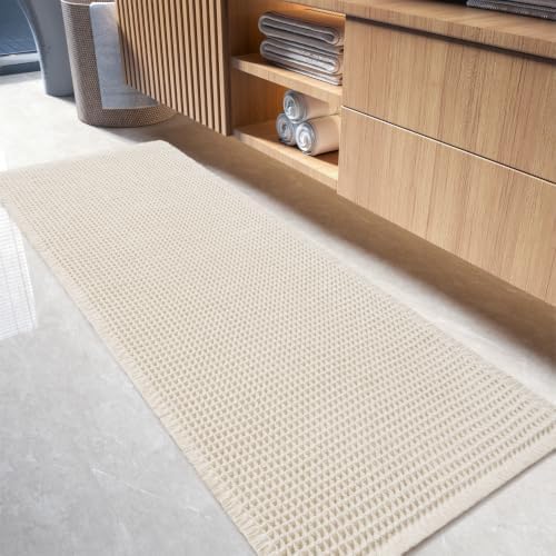 tchdio Waffle Bath Mat-Runner Rug, Super Absorbent Non Slip Bath Mats for Bathroom Machine Washable Long Rugs with Tassels, Bath Rugs for Bathroom Floor Beside Tub, 2' x 5'(24" x 60"), Pale Beige