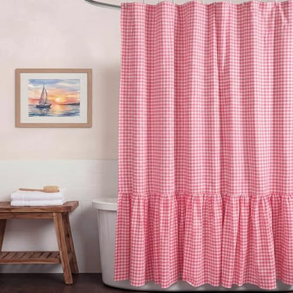 HunnmingRe Ruffle Hem Gingham Shower Curtain Pink