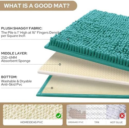 HOMEIDEAS Teal Chenille Bathroom Rugs Set of 3, Non Slip Bath Mat