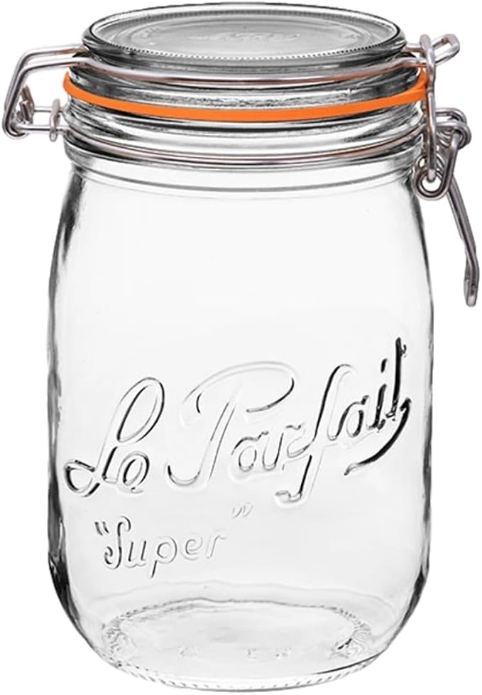 Le Parfait Super Jar 1L (32oz) French Glass Preserving Jar w/Airtight Rubber Seal & Wire Bail Closure - BPA-Free Canning Jar for Pickles, Fruits, Sauces & Food Storage - Made in France Since 1930 1PK