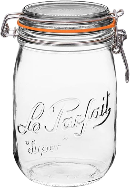 Le Parfait Super Jar 1L (32oz) French Glass Preserving Jar w/Airtight Rubber Seal & Wire Bail Closure - BPA-Free Canning Jar for Pickles, Fruits, Sauces & Food Storage - Made in France Since 1930 1PK
