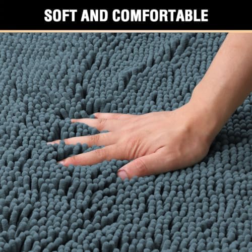 H.VERSAILTEX Bathroom Rugs Luxury Chenille Mat Set, Soft Plush Shower Rug + Toilet Mat, Microfiber Shaggy Carpet, Super Absorbent, Machine Washable (Curved Set, 32" x 20"/20" x 20", Stone Blue)