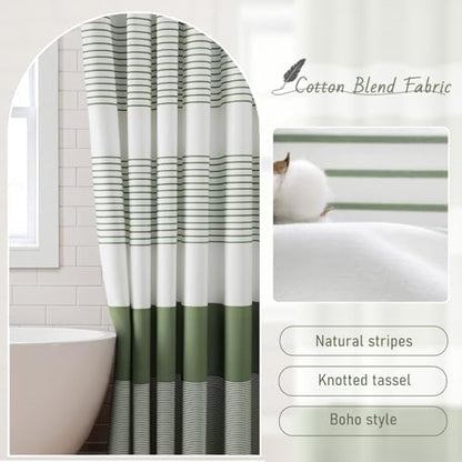 Sage Green Boho Cotton Striped Shower Curtain with Tassel 72"W X 78"L
