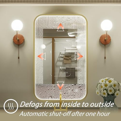 24x36 Inch Gold LED Bathroom Mirror with Lights,3000K/4500K/6000K