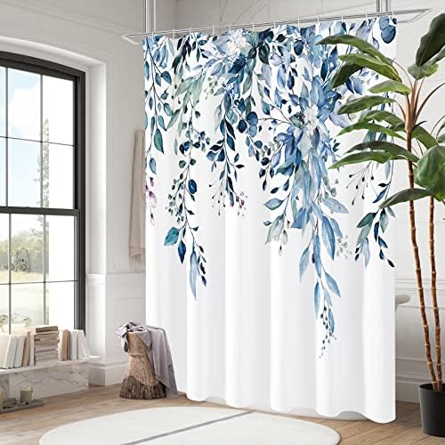 Gibelle Blue Eucalyptus Shower Curtain, Watercolor Floral Print, 72x84