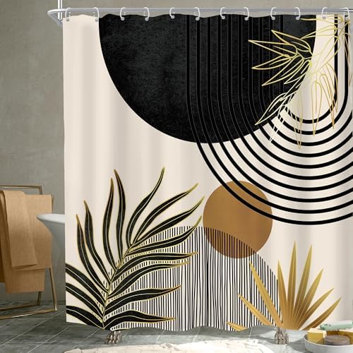 Mid Century Black Gold Boho Abstract Modern Bathroom Shower Curtain Set