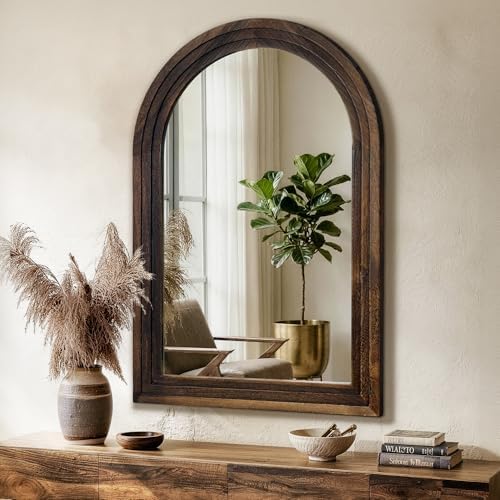 Arched Bathroom Mirror, 36"x24" Brown Wood Frame Wall Mirror