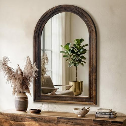 Arched Bathroom Mirror, 36"x24" Brown Wood Frame Wall Mirror