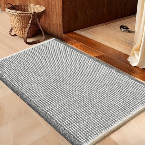 IM HOME Waffle Bath Mat Darkgrey & Cream 32"x20", Boho Woven Modern Bath Mat Rugs, Absorbent Non Slip Bathroom Rugs, Soft Washable Bath Rugs with Tassels for Bedroom, Kitchen, Shower, Tub