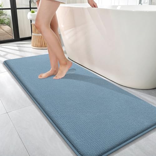 OLANLY Memory Foam Bathroom Runner Rug 47x17, Absorbent Long Mat, Airy Blue