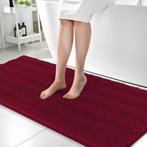 OLANLY Thick Bathroom Runner Rugs 59x24, Soft Chenille Bath Rugs, Burgundy
