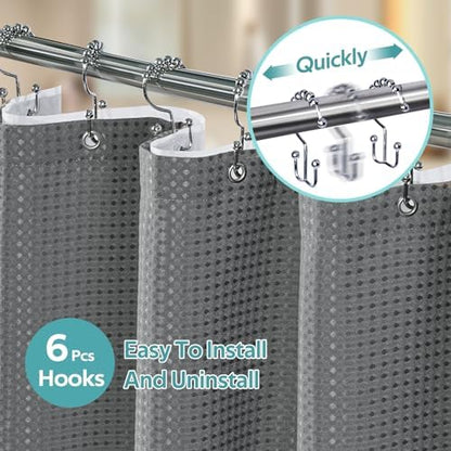 Vipfree 3 in 1 Shower Curtain Set, Waffle Shower Curtain and Liner Set with 6 Double Sided Shower Curtain Hooks, 258GSM Luxury Weighted Cloth Shower Curtain for Shower Stall, 36 W x 72 H, Grey