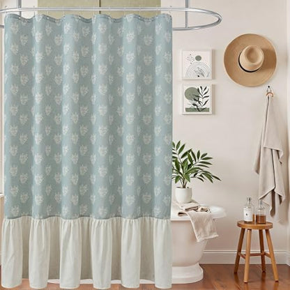 ORTIGIA Linen Textured Ruffle Shower Curtain with Metal Hooks, Blue Vintage Block Print Floral Boho Waterproof Bath Curtain for Rustic Farmhouse Bathroom Decor 72x72 Inch