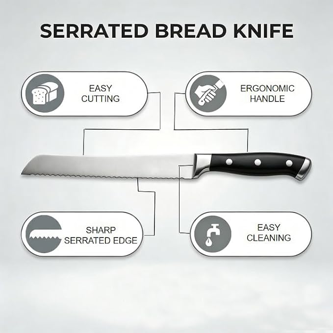 8 Inch Serrated Bread Knife, Triple Rivet Kitchen Knives with Ergonomic Handle, High Carbon Steel Wavy Edge Baking Cutting Knife for Slicing Homemade Bread, Sourdough, Bagels, Cake