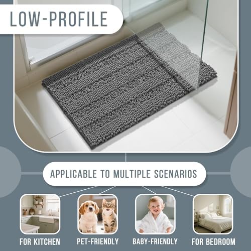 Yimobra Bathroom Rug Mat 47 x 24, Non Slip and Super Absorbent Bath Mat,Machine Washable Quick Dry,Ultra Plush Chenille Shower Rugs for Bathroom Floor Sink Tub and Shower Outside,Dark Gray