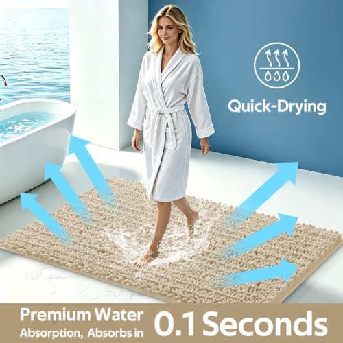 ACCUMTEK Upgrade Luxury 2 Piece Beige Toilet Bathroom Rug Mat 48"x20"+24"x17", Ultra Soft Thick Absorbent Bath Mats, Non Slip Chenille Toilet Mat for Bathroom, Bedroom, Kitchen, Shower, Tub