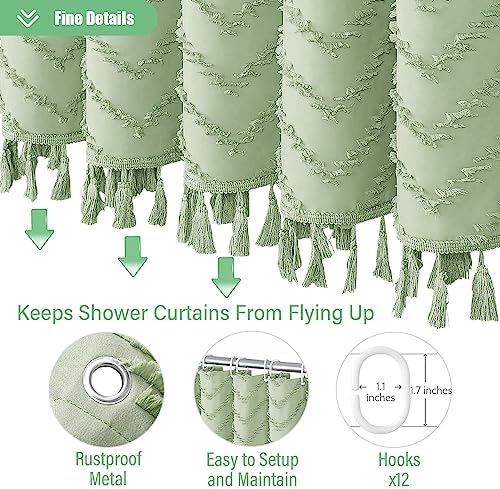 Dynamene Boho Farmhouse Shower Curtain Tufted Chevron 72"x72" Sage Green