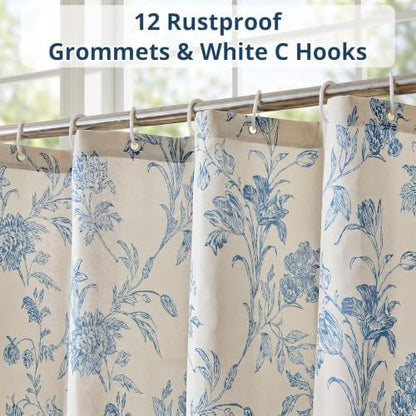 Warmstar Farmhouse Shower Curtain,Blue Floral Shower Curtain for Bathroom Linen Look Vintage Shower Curtain with Weighted Hem,72" W x 78" L
