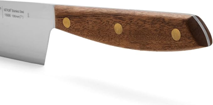 Arcos Santoku Knife 7 Inch Stainless Steel. Japanese Kitchen Knife for Fish, Meat and Vegetables. Ovengkol Wood Handle 100% natural FSC and 190mm Blade. Series Nordika. Color Brown.