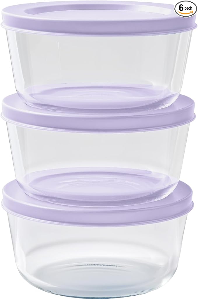 6-Piece Glass Food Storage Containers Set (3 Containers + 3 BPA-Free Lids) | 2-Cup, Leakproof | Microwave, Freezer, Oven & Dishwasher Safe | Ideal for Meal Prep & Pantry Organization, Purple