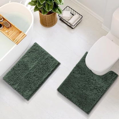 Hearth & Harbor Bathroom Rugs, Chenille Bath Mat - Machine Washable Bath Mats for Bathroom Non-Slip Backing Rubber, Quick Dry Bathroom Mat - Hunter Green 17x24-20x24