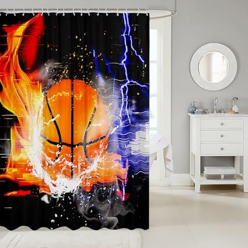 jejeloiu Basketball Bath Curtain Boys Girls 72"x84" Ice Fire Shower Curtain for Kids Women Men Waterproof Gaming Sports Bathroom Shower Curtain Set Gift for Basketball Lover