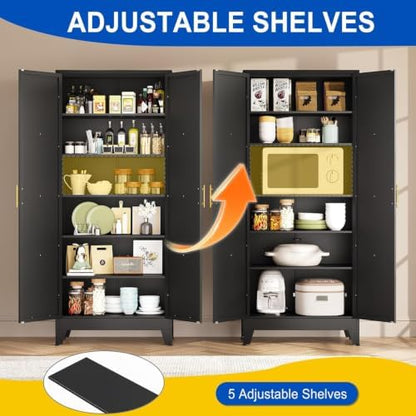 75" Metal Storage Cabinet with 2 Doors and 5 Adjustable Shelves,Black Farmhouse Kitchen Pantry Cabinet,Steel Garage Tool Cabinet,File Cabinetfor Home,Office,Dinning Living Room,Warehouse