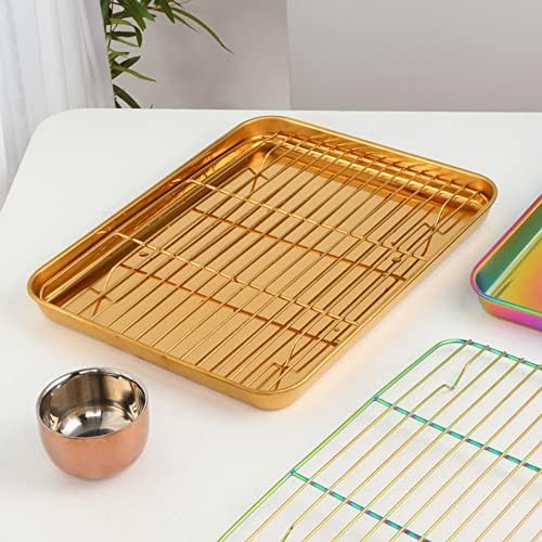 Meisha Baking Sheet with Wire Rack Set [2 Pans + 2 Tier Racks], Stainless Steel Cookie Sheet Baking Trays & Cooling Rack for Cooking, Gold