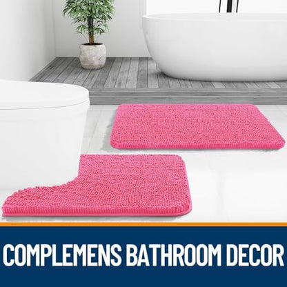 OLANLY Chenille Bathroom Rugs Mats Sets 2 Piece, 36"x24"+24"x20", Hot Pink