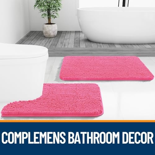 OLANLY Chenille Bathroom Rugs Mats Sets 2 Piece, 30"x20"+24"x20", Hot Pink