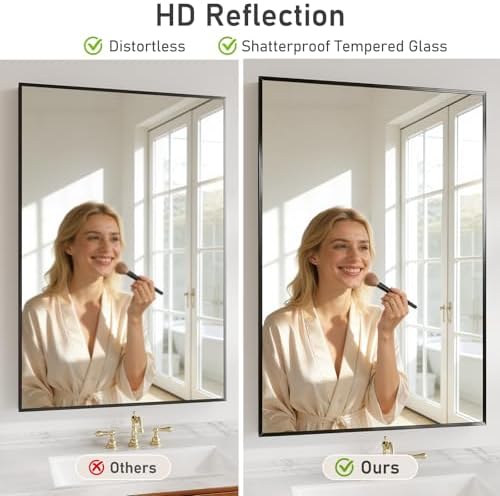Koonmi Bathroom Mirror for Wall, 24"x36" Black Bathroom Mirror for Over Sink, Shatterproof Tempered Glass Vanity Mirror with Anti-Rust Aluminum Alloy Frame, Hang Horizontally or Vertically