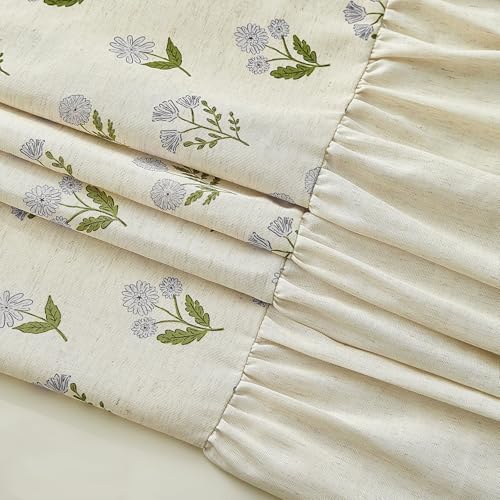 ORTIGIA Linen Textured Ruffle Shower Curtain 72x72 Inch with Metal Hooks, Vintage Blue Green Floral Flowers Block Print Boho Waterproof Bath Curtain for Rustic Farmhouse Bathroom Decor