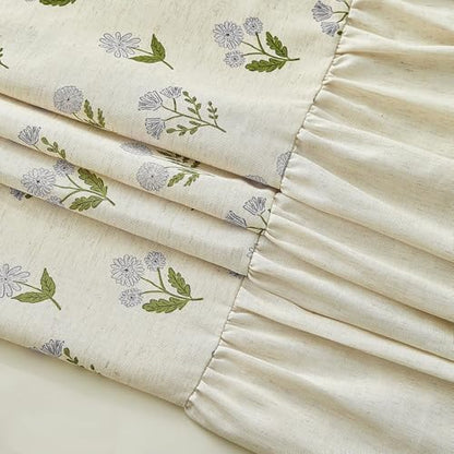 ORTIGIA Linen Textured Ruffle Shower Curtain 72x72 Inch with Metal Hooks, Vintage Blue Green Floral Flowers Block Print Boho Waterproof Bath Curtain for Rustic Farmhouse Bathroom Decor