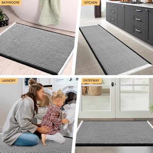 IM HOME Extra Large Waffle Bath Mat Black & Cream 6'x2'(72" x 24"), Boho Woven Modern Bath Mat Rugs, Absorbent Non Slip Bathroom Rugs, Soft Washable Bath Rugs with Tassels for Bathroom