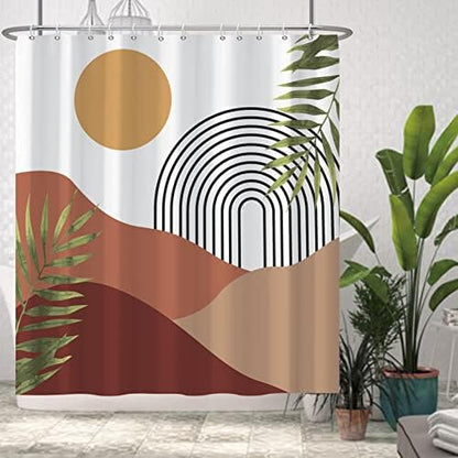 AWERT Boho Shower Curtain with Hooks Arch Sun Rainbow Green Leaves Mid Century Shower Curtain for Bathroom Washable Bathroom Accessories Bathtub Decor 72x72inch