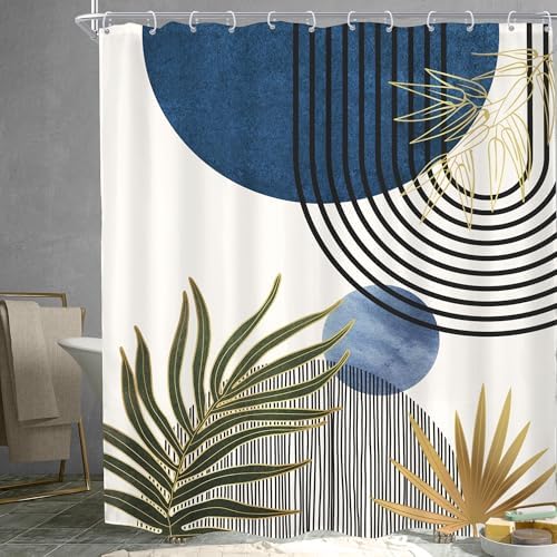 KOMLLEX Mid Century Blue Green Boho Extra Long Bathroom Shower Curtain Set