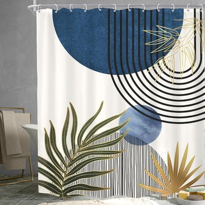 KOMLLEX Mid Century Blue Green Boho Extra Long Bathroom Shower Curtain Set